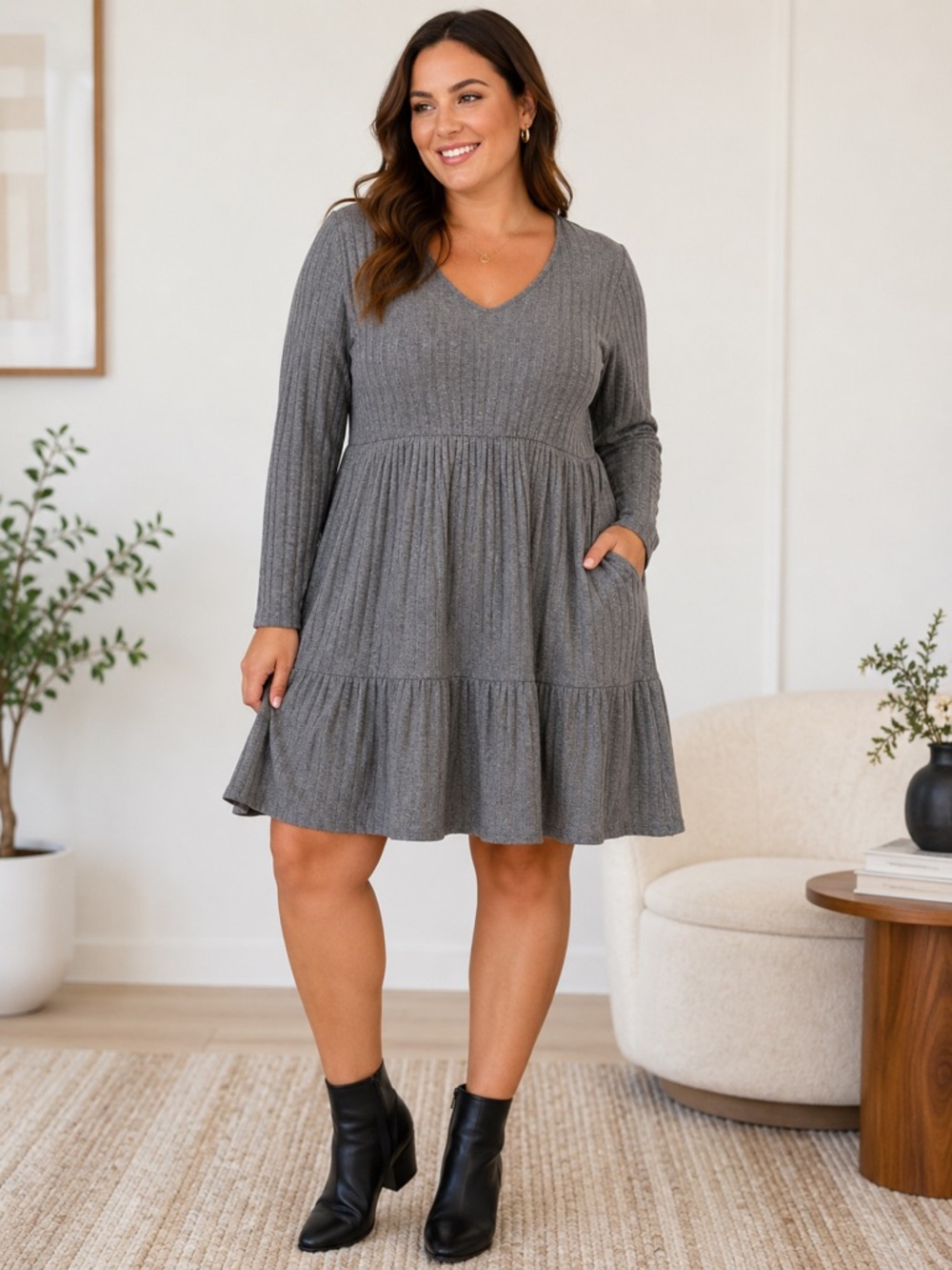 Torrid Gray Ribbed V-Neck Tiered‎ Long Sleeve Dress torrid 1